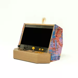 Luxury wooden arcade cabinet with pink and blue fabric