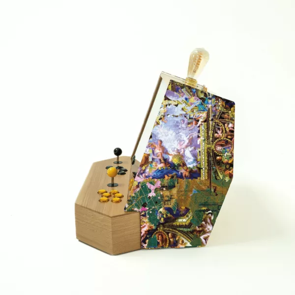 Luxury wooden arcade cabinet with abstract green and gold fabric