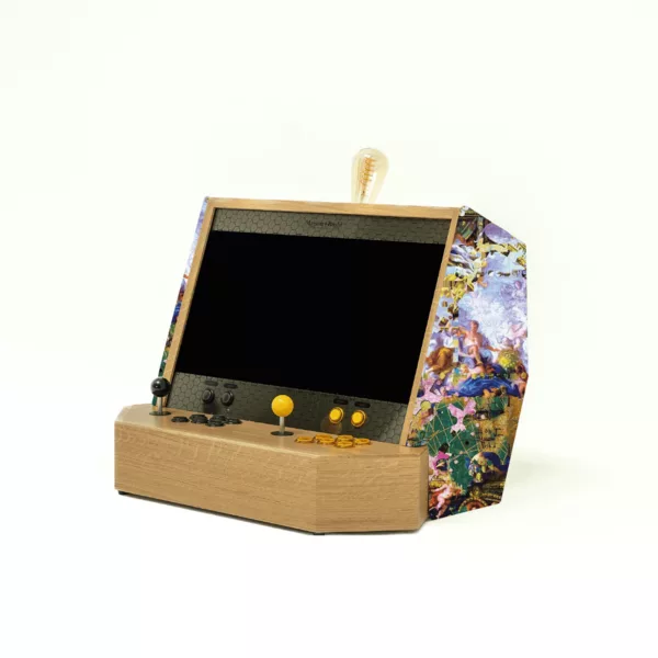 Luxury wooden arcade cabinet with abstract green and gold fabric