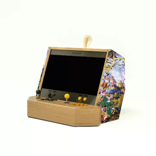 Luxury wooden arcade cabinet with abstract green and gold fabric