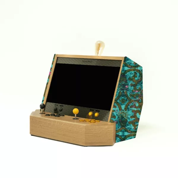 Luxury wooden arcade cabinet with blue and brown custom fabric