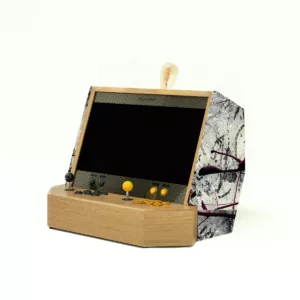 Luxury wooden arcade cabinet with black, white and red custom fabric