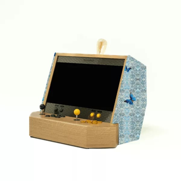 Luxury wooden arcade cabinet with blue butterfly custom fabric