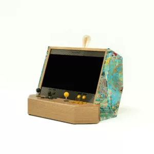 Wooden arcade cabinet with blue and yellow bespoke fabric