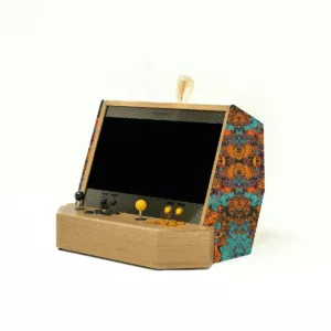 Wooden arcade cabinet with blue and orange bespoke fabric