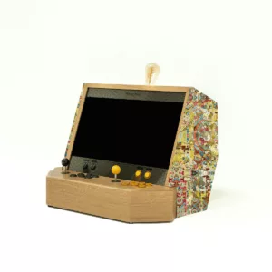Wooden arcade cabinet with yellow and red bespoke fabric