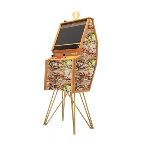 Freestanding premium arcade cabinet in Ariel Dusk fabric