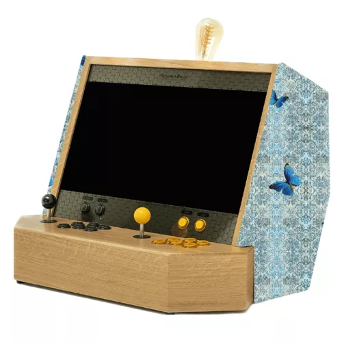 Luxury wooden arcade cabinet with blue butterfly custom fabric