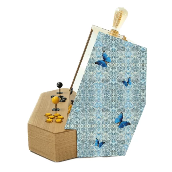 Luxury wooden arcade cabinet with blue butterfly custom fabric