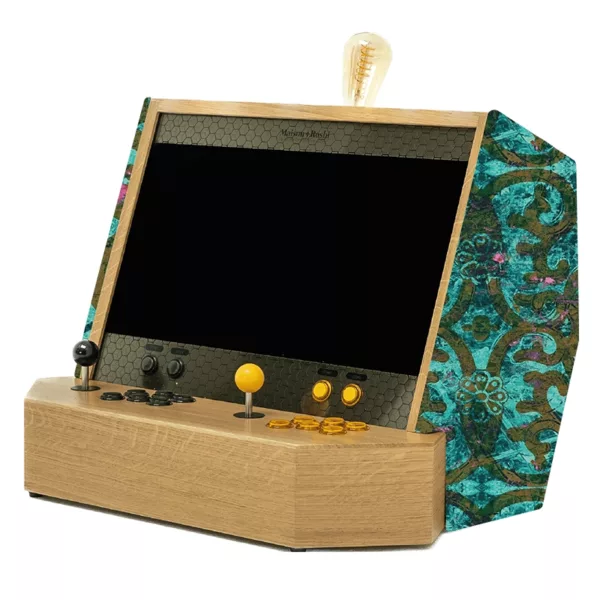 Luxury wooden arcade cabinet with blue and brown custom fabric