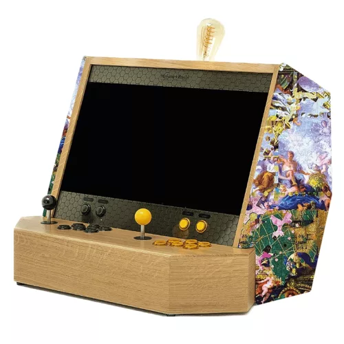 Luxury wooden arcade cabinet with abstract green and gold fabric