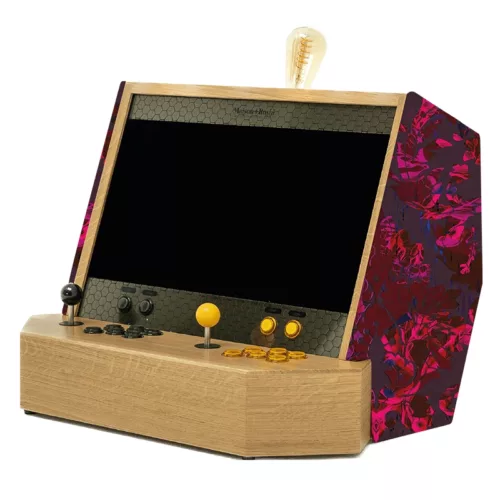 Wooden arcade cabinet with pink and red fabric