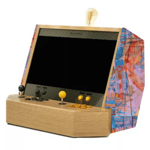 Luxury wooden arcade cabinet with pink and blue fabric