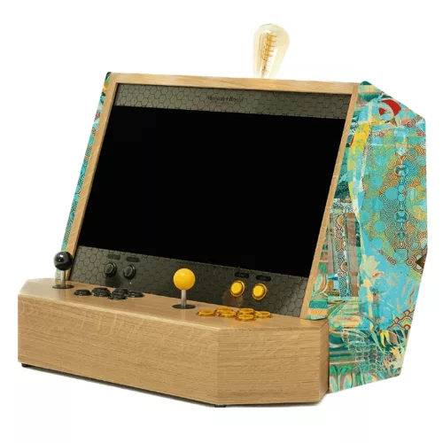 Wooden arcade cabinet with blue and yellow bespoke fabric