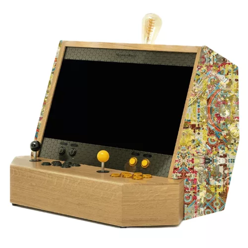 Wooden arcade cabinet with yellow and red bespoke fabric