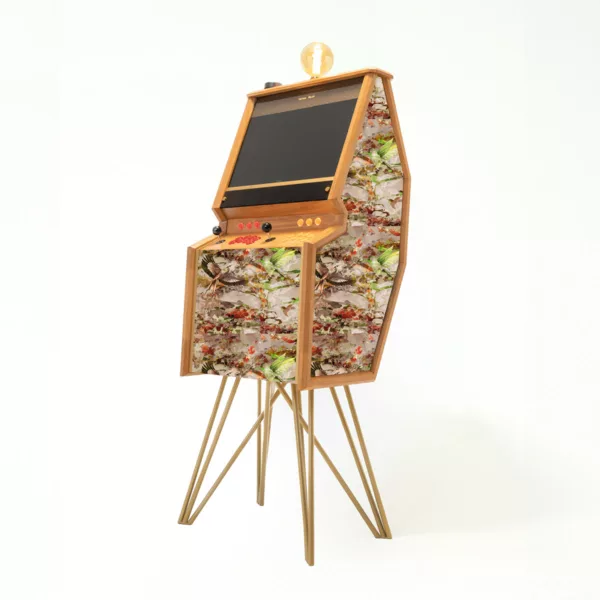 Freestanding premium arcade cabinet in Ariel Dusk fabric