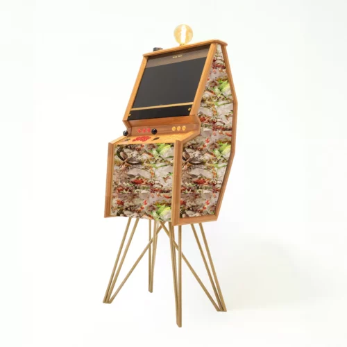 Freestanding premium arcade cabinet in Ariel Dusk fabric