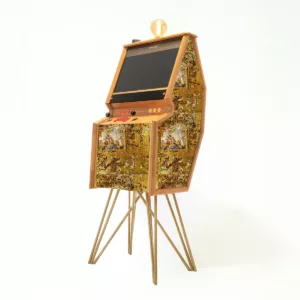 Freestanding premium arcade cabinet in Hampton Gold fabric