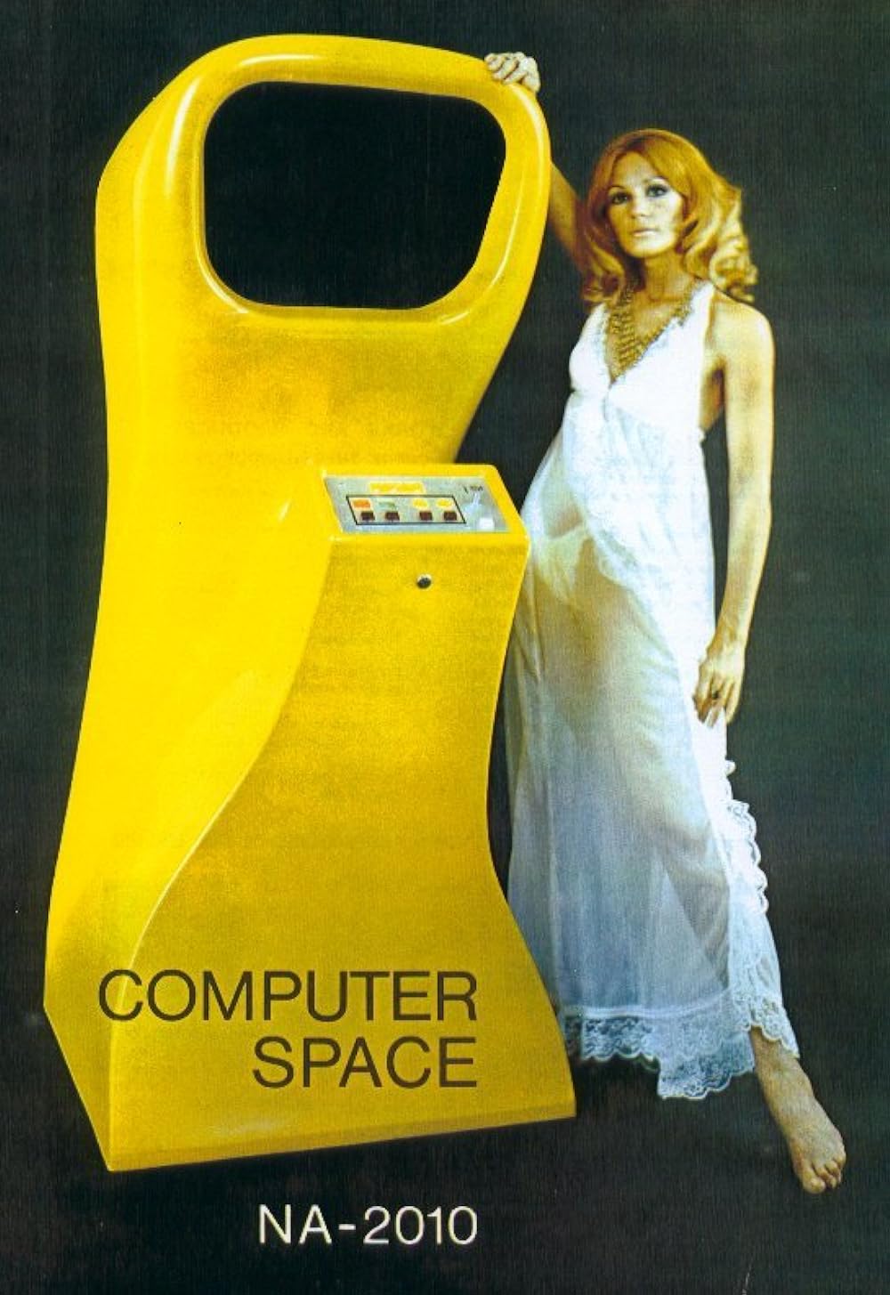 Yellow retro arcade computer space game ad