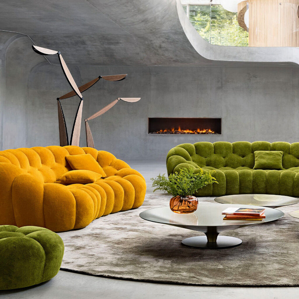 Bubble couch in green and yellow in luxury living room