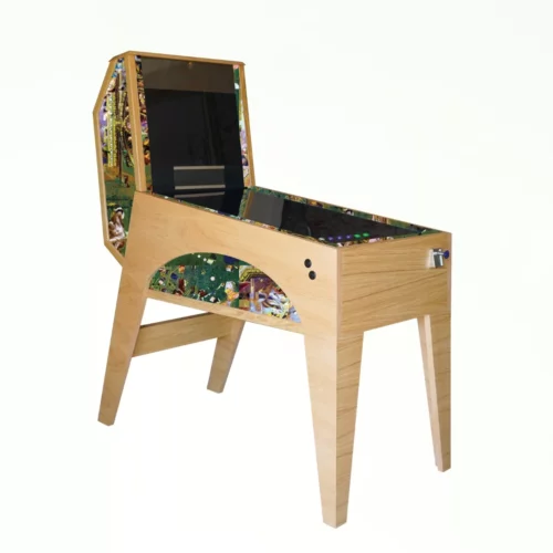 Wooden pinball machine with green fabric