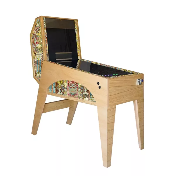 Wooden pinball machine in yellow and pink fabric